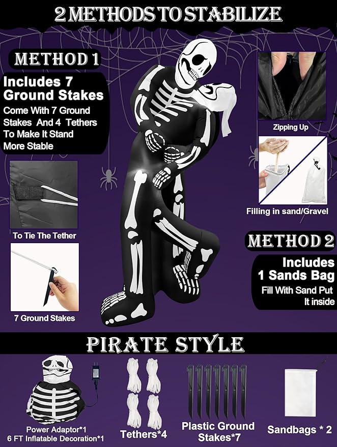 6 Ft Halloween Inflatable Outdoor Decoration, Skeleton Blow up LoveBugs Embrace Kiss Built in LED Lights, Halloween Skeleton Lover Decor for Yard Garden Lawn