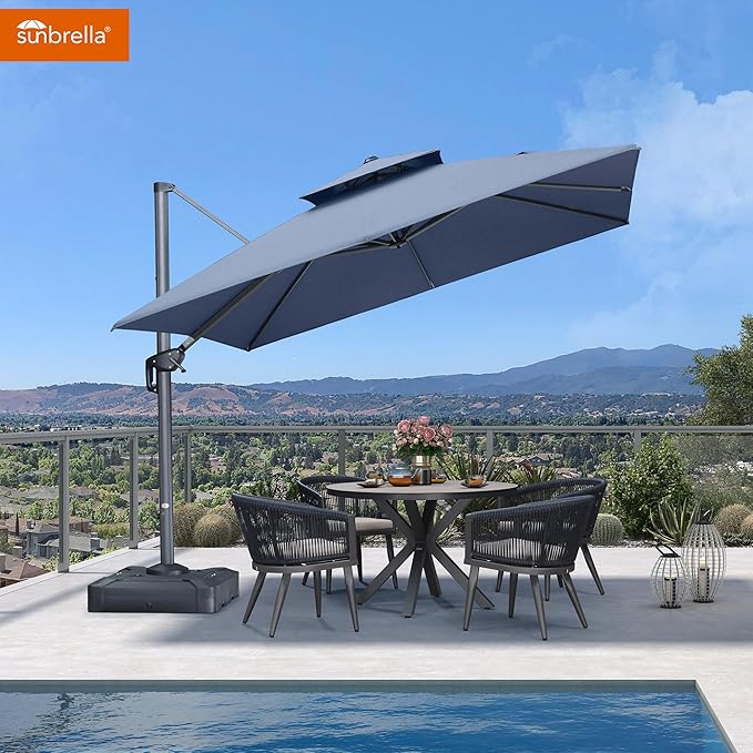 PURPLE LEAF Cantilever Umbrella with Base Included 10FT Outdoor Double Top Large Offset Hanging 360° Rotation Heavy Duty Square Umbrella for Garden Patio Deck Pool Backyard Spectrum Denim