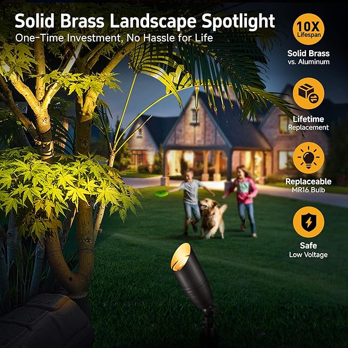 Gardenreet Brass Landscape Lighting - Low Voltage Spotlights Outdoor LED, 12V Wired Uplights, Waterproof Spot Lights, Antique Bronze for Outside Trees Without MR16 Bulb (4 Pack)