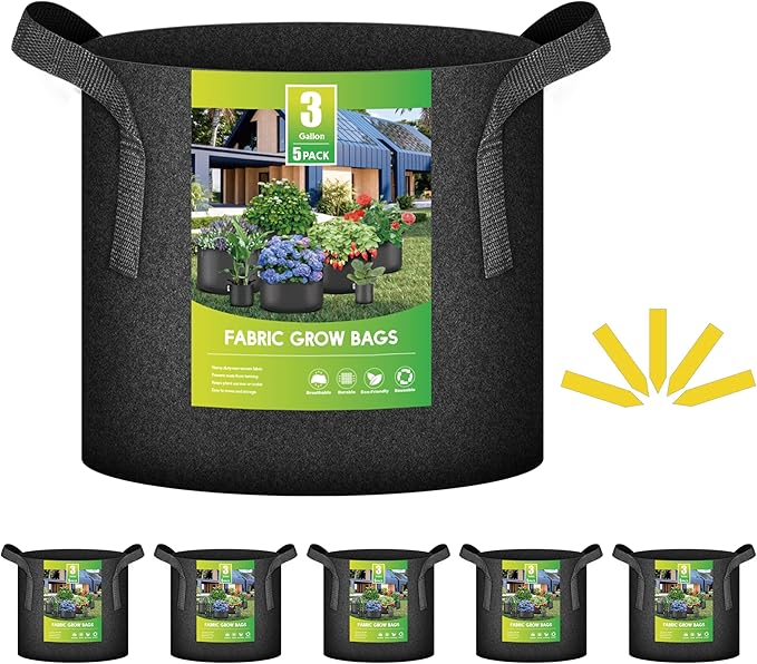 iPower 5-Pack 3 Gallon Plant Grow Bags Thickened Nonwoven Aeration Fabric Pots Heavy Duty Durable Container, Strap Handles for Garden, Black
