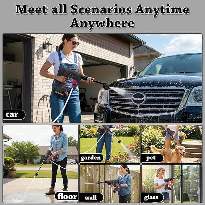 Power Washer,1200 PSI Cordless Pressure Washer with 2×21V Battery&6-in-1 Multi-Function Nozzle,Portable Pressure Washer Suitable for Cleaning Vehicles, patios, Glass, Floors, and Watering Plants