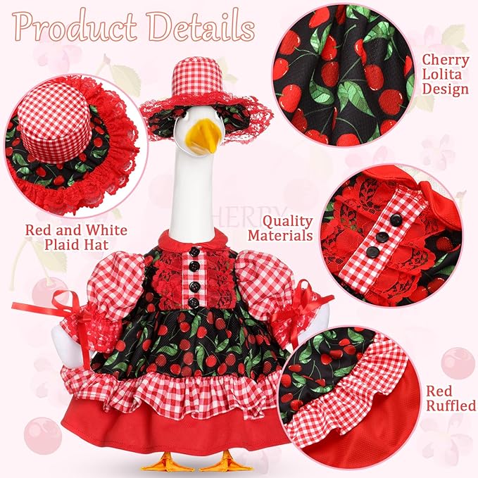 Fall Baby Goose Outfit for 17 Inch Plastic Lawn Porch Goose Statue Clothes Harvest Holiday Cherry Skirt with Hat Geese Outfit for Indoor Outdoor Patio Yard Art Decor