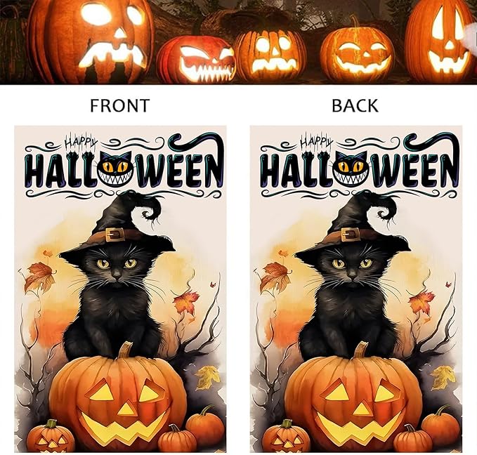 DECORLUXES Halloween Cat Garden Flag, Vertical Double Sided Happy Halloween Pumpkin Holiday Outside Decorations (Garden Flag)