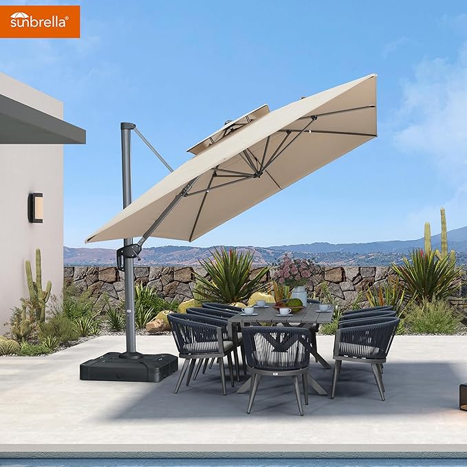 PURPLE LEAF Cantilever Umbrella with Base Included 10' X 13' Outdoor Patio Rectangular Umbrella with Double Top Large Heavy Duty 360° Rotation Offset for Deck Backyard Pool Spectrum Sand