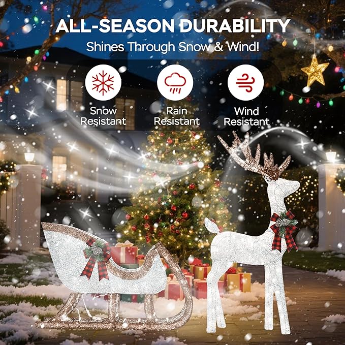 Outdoor Lighted Reindeer with Sleigh Christmas Decors, 3D Deer & Santa Sleigh Holiday Yard Decorations with 170 Warm White LEDs, Garden, Lawn Winter Displays, 2-Piece Set, Silver & Brwon