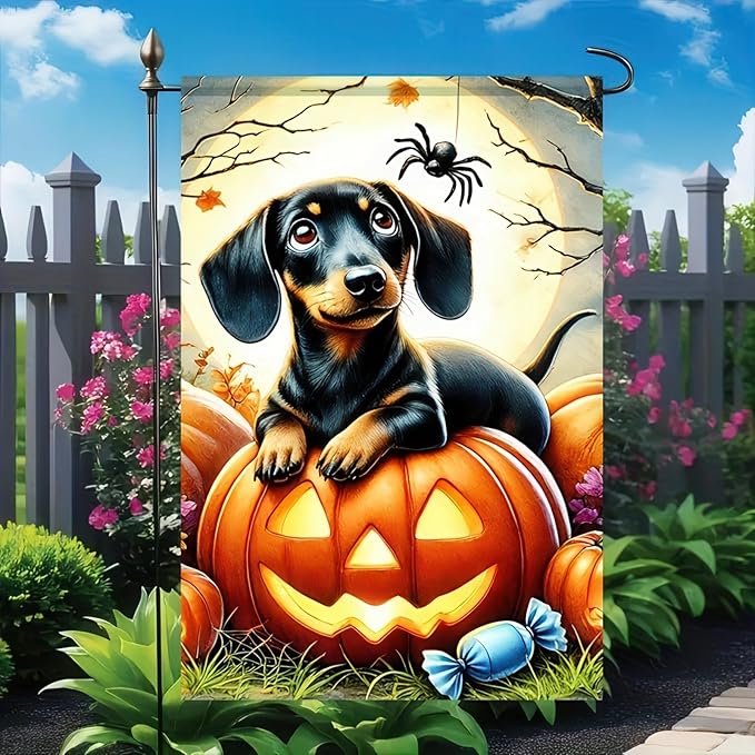 Halloween Garden Flags 12x18 Inch Double Sided Trick or Treat Dachshund Dog Garden Flag Halloween Dog Skeleton Decorations Banner Small Halloween Outdoor Yard Flag for Outside