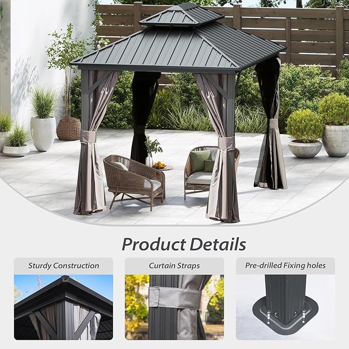 Domi 8’ X 10’ Hardtop Gazebo Canopy with Netting & Curtains, Outdoor Metal Gazebo with Galvanized Steel Double Roof for Patio Lawn and Garden, Gray