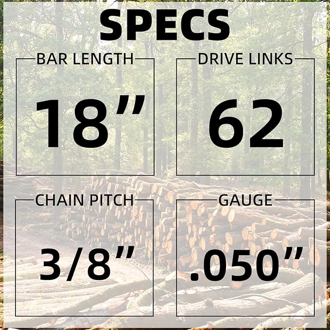 18 Inch Chainsaw Bar & Chain Combo 3/8" LP Pitch .050" Gauge 62 Drive Links 18" Replacement Chain Low-Kickback Chainsaw Chains Compatible with Echo, Poulan, Craftsman and More (2Chains + 1Bar)