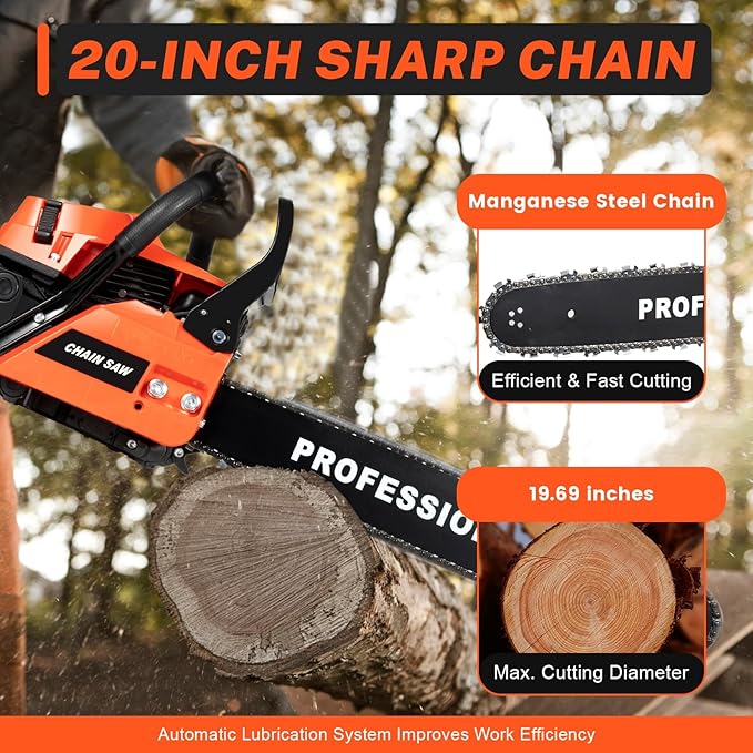 58cc Gas Chainsaw, 20 Inch Gas Powered Chainsaws with Tool Bag, 3.6HP 2-Cycle Handheld Cordless Petrol Gasoline Chain Saw for Cutting Tree Wood Trimming Garden Farm