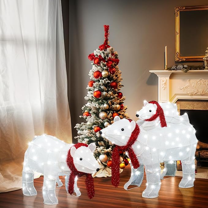 AWQM 3-Piece Lighted Polar Bear Family,Large Outdoor Indoor Christmas Decorations for Front Yard,Holiday Light Up Decorations w/ 210 LED Lights, Stakes, Zip Ties - White