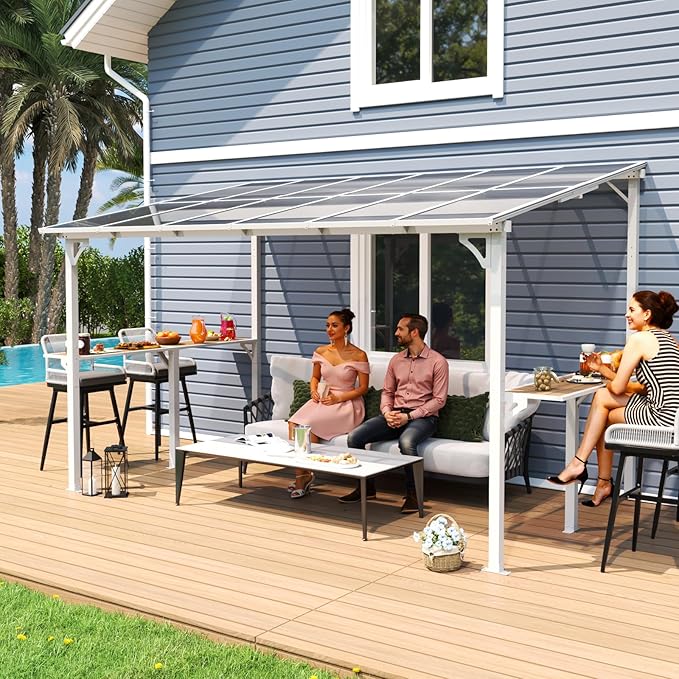MEISSALIVVE 8' x 12' Wall Mounted Gazebo, Outdoor BBQ Grill Gazebo with Side Shelf, Lean to Metal Awnings with Sloped Roof, Heavy Duty Pergola for Backyard, Deck, White