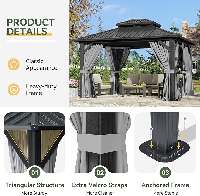 Aoxun 12'x10' Hardtop Gazebo, Aluminum Frame Permanent Pavilion with Curtains and Netting, Outdoor Galvanized Double Roof Canopy, Designed for Garden, Lawns, Patio
