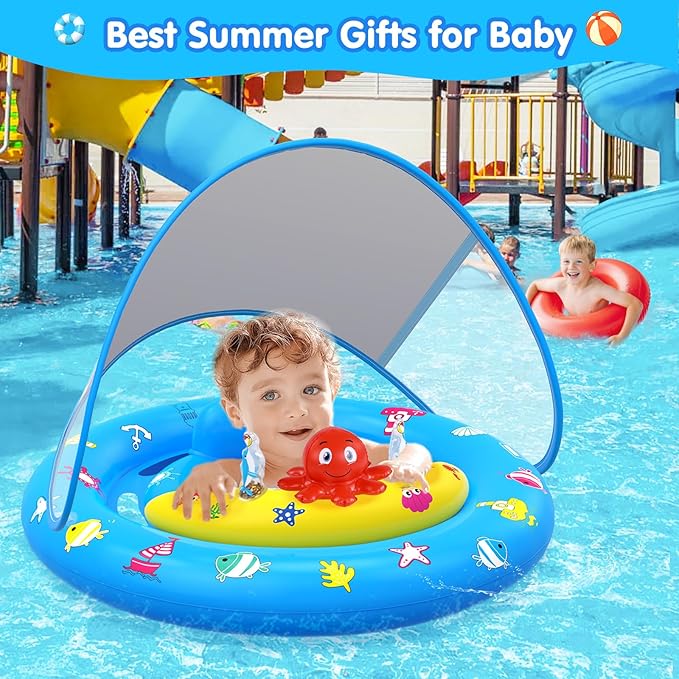Baby Pool Float with Canopy, Inflatable Baby Swim Float with UPF50+ Sun Protection, Toddler Infant Pool Float with Toy Play Console Adjustable Safety Seat for Kids Girls Boys Aged 6-36 Months