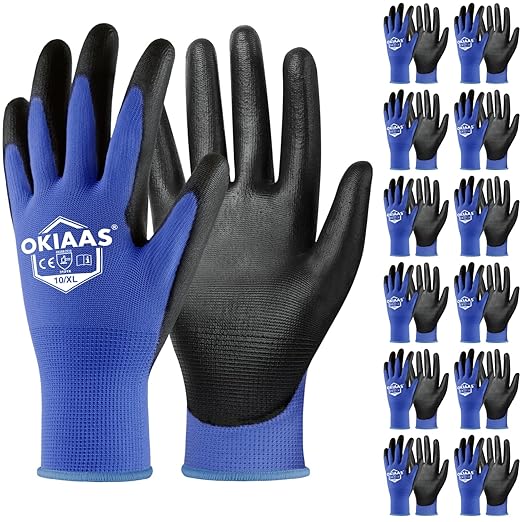 OKIAAS Work Gloves for Men，Ultra Thin and Lightweight Working Gloves with Grip, 12 Pairs Bulk Pack Construction Gloves with Polyurethane Coating, Safety Gloves for Light Duty Work (Blue, X-Large)