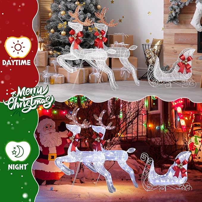 Christmas Decorations: Lighted Reindeer & Sleigh Outdoor Display, Multicolor, 270 LED Lights, Weatherproof, Easy Assembly