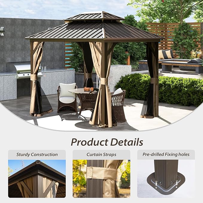 Domi 10'x10' Hardtop Gazebo Canopy,Outdoor Metal Gazebo with Galvanized Steel Double Roof,Curtain and Netting,Permanent Gazebos Pavilion for Patio Deck,Backyard