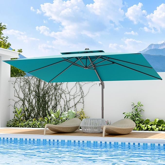 9x12 FT Patio Umbrella, Large Cantilever Rectangular Double Top Heavy Duty Offset Umbrellas with 360° Rotation, Outdoor shade for Garden Deck Pool, Turquoise