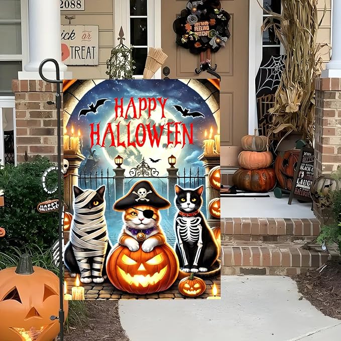 Happy Halloween Garden Flag Double Sided 12x18 Flag Halloween Garden Flag Cat Pumpkin Flag Bat Funny Cat And Jack Lantern Home Outdoor Lawn Porch Yard Decor Banner