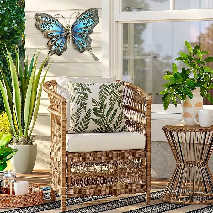 LIFFY Metal Butterfly Outdoor Decor 12" Hanging Glass Butterflies Wall Decor Garden Art Decorative Ornaments Outside Indoor Home Decor for Living Room Bedroom Patio Fence