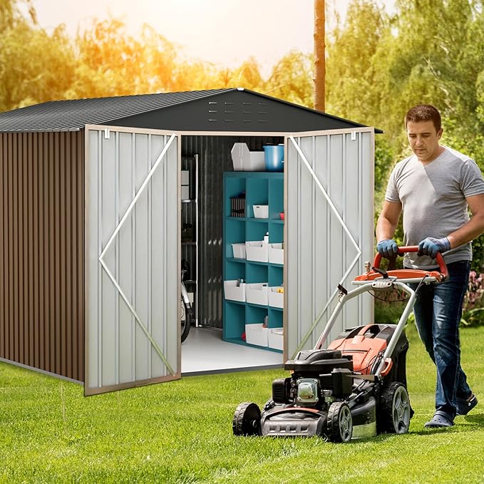 10x12 Ft Outdoor Metal Storage Shed, Galvanized Steel Garden Sheds with Lockable Doors, Extra Large Utility and Tool Storage for Patio Lawn Backyard Outside Use, Brown