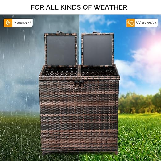 VINGLI 72 Gallon Outdoor Trash Can with Convenient Lid, Rattan Garbage Container with Side Hook, Weatherproof Patio Trash Can for Graden, Yard, Patio, Brown