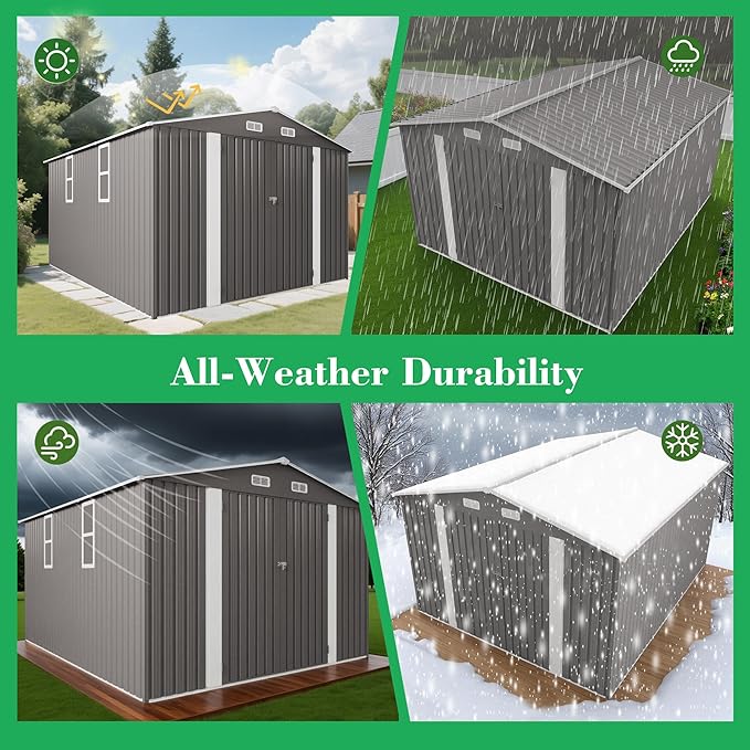 10x12 FT Outdoor Storage Shed,Large Metal Garden Shed with Double Door and Two Windows Waterproof Tool Shed for Backyard Patio Lawn Poolside,Grey