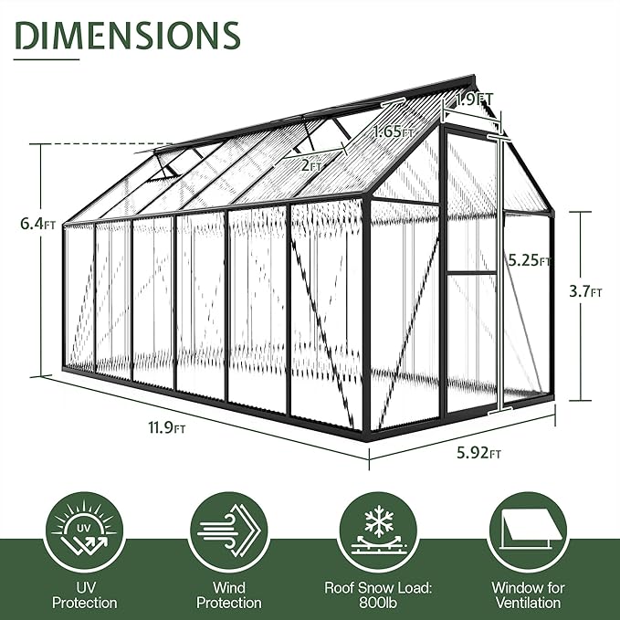 Jocisland 6x12Ft Polycarbonate Greenhouses for Outdoors, 2 Top-Opening Windows, Swing Doors, Aluminum Walk-in Heavy Duty for Outdoor Use, Backyard Garden, Black