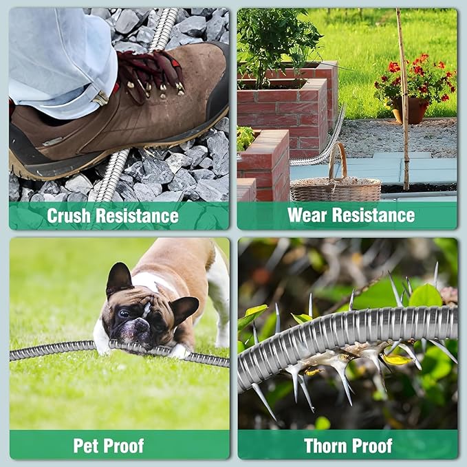 Metal Garden Hose 150Ft Stainless Steel Water Hose Heavy Duty with 10 Way Nozzle-Flexible Lightweight Durable No Kink & Tangle，Strong 3/4’’ Solid Metal Fitting Shut-Off Valve for Outdoor Yard