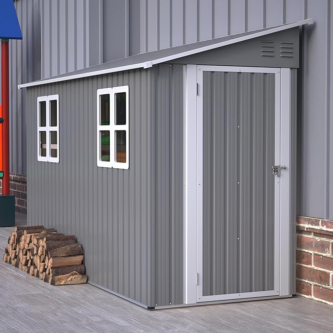 4X8 FT Outdoor Storage Shed W/ 2 Windows & Floor Frame,Lean to Shed W/Reversible Installation,Metal Garden Tool House W/Air Vents,Lockable Door & Sloped Roof,for Backyard Patio Lawn,Gray
