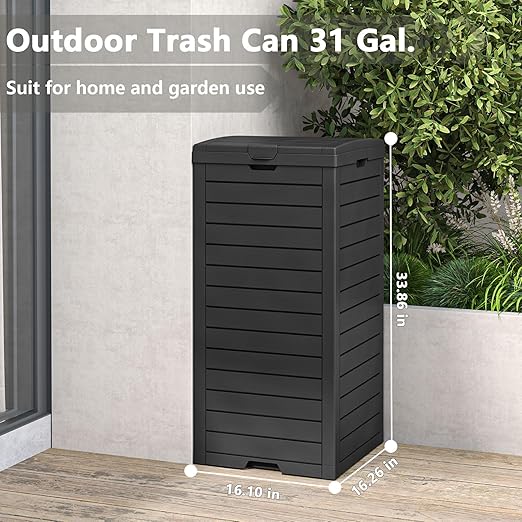 31 Gallon Kitchen Waste Bin with Lid and Drip Tray for Easy Cleaning-Perfect，Resin Outdoor Trash Can for 33-40 Gal Trash Bag, Outdoor Trash Can for Patio,Black Kitchens, and Outdoor Entertaining