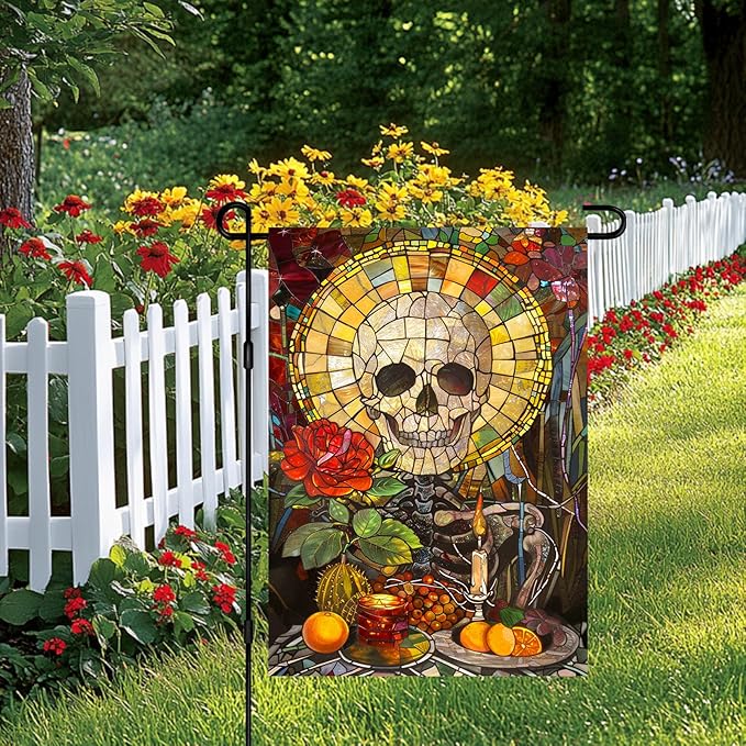 Halloween Horror Garden Flag 12x18 Inch Stained Glass Skull Candle Rose Flag Spooky Skull Outdoor Yard Decoration House Banner Porch Lawn Patio Home Decor