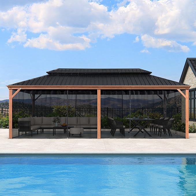 PURPLE LEAF 12' X 24' Outdoor Hardtop Gazebo for Patio Galvanized Steel Double Roof Permanent Canopy Teak Finish Coated Aluminum Frame Pavilion Gazebo with Netting