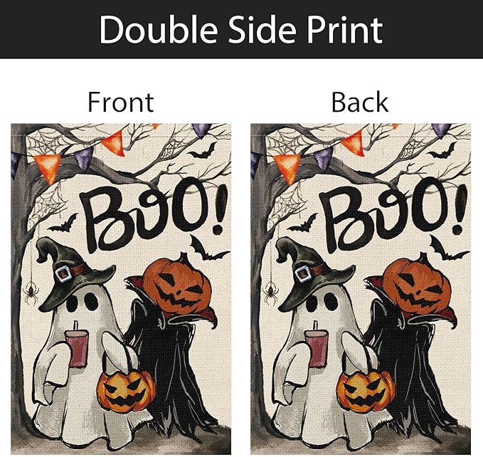 Halloween Garden Flag 12x18 Inch Double Sided for Outside, Small Burlap Boo Ghost Pumpkin Yard Flag Holiday Outdoor Decorations