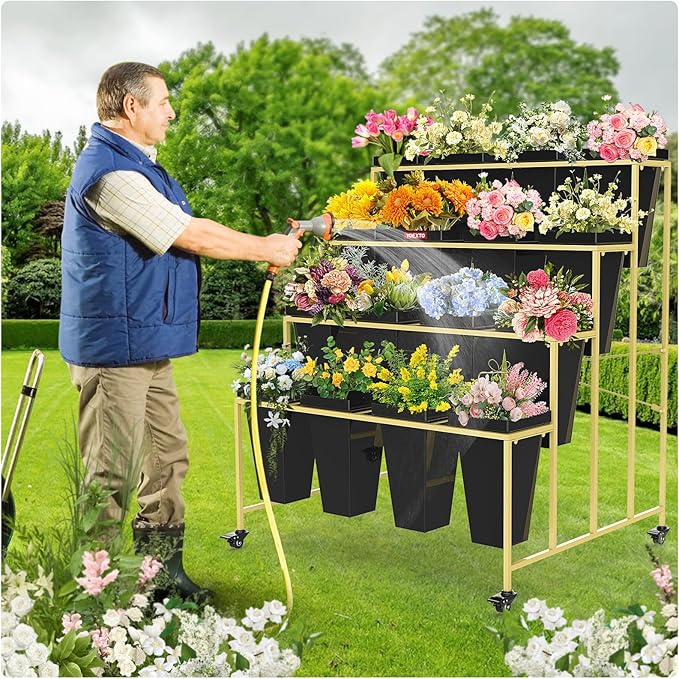 Flower Display Stand 4 Layers with 16 PCS Square Buckets, Plant Stand with Wheels, Movable Metal Plant Stand for Terrace Garden, Living Room, Florist Shop