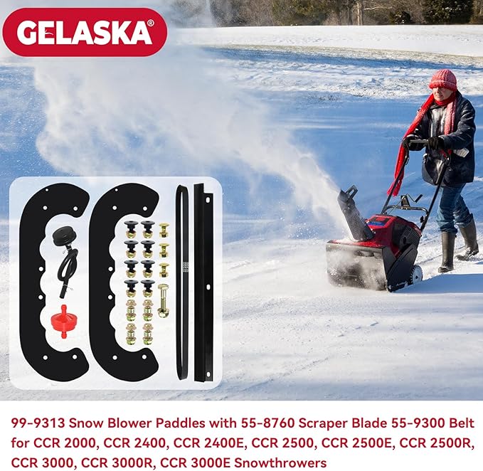 GELASKA 99-9313 Snow Blower Paddles with 55-8760 Scraper 55-9300 Belt and Hardware Kit Replaces 125-1128, 55-9250, 55-9251, 88-0771 for Toro CCR 2000, CCR 2400, CCR 2500, CCR 3000 Snowthrowers
