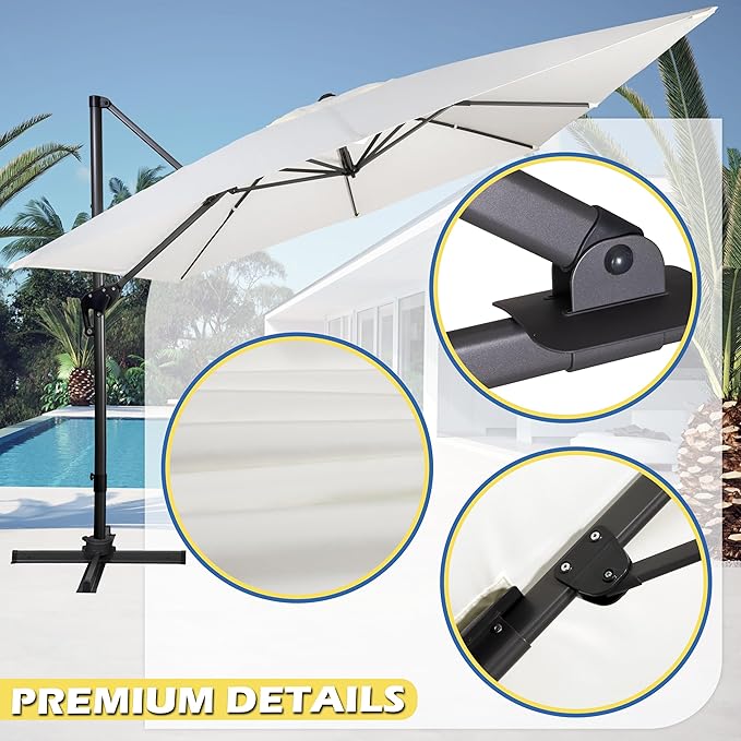 Sunnyglade 10x10Ft Cantilever Patio Umbrella Square 360° Rotation & Integrated Tilting System Offset Umbrella with 8 Sturdy Ribs, Fade-resistant & Waterproof for Garden Backyard Poolside Deck