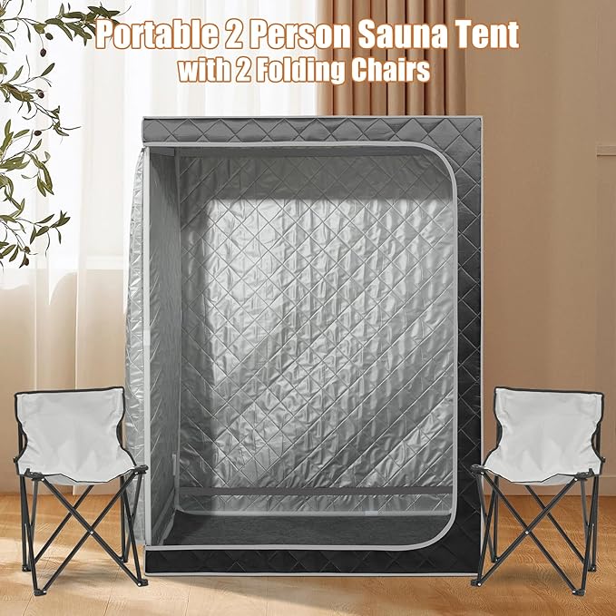Gollense 2 Person Sauna Portable Steam Sauna Tent with 2 Folding Chairs, Full Size at Home Steam Box for Relaxation Indoor Personal Home Spa, Steamer NOT Included, Black