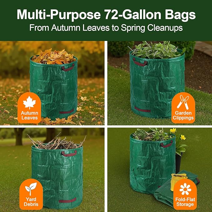 3-Pack 72 Gallon Self-Standing Yard Waste Bags with Cowhide Gloves — Heavy-Duty 150 GSM Woven PE, Double-Layer Reinforced Bottom, Four Handles, Reusable Leaf Bags for Lawn & Garden