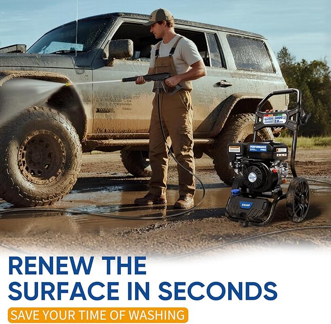 TOOLCY 3400 PSI Gas Pressure Washer, High-Performance 212cc OHV Engine, Reinforced Pump. Onboard Soap Tank, 30FT Hose, Spray Gun & 5 Nozzles, Max 2.8 GPM, Great for