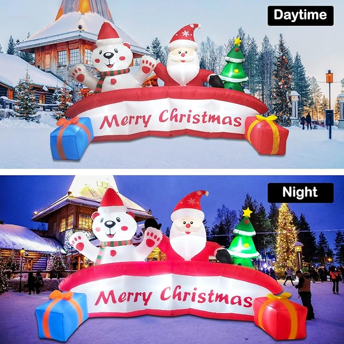 10 FT Inflatable Merry Christmas Banner Sign with Santa Claus Polar Bear Christmas Tree, Outdoor Inflatable Decoration with LED Lights Blow Up Decorations for Yard Holiday Xmas Party Garden Decor