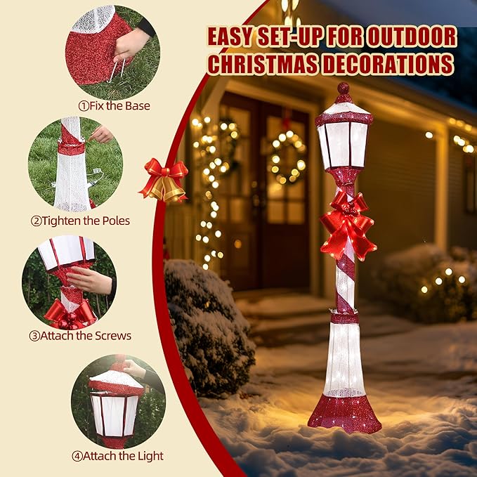 60-Inch Outdoor Christmas Decorations Outdoor Lighted Lamp Post 3D Lamppost LED Lighted Post Christmas Decoration with 128 LED Lights & Bow Holiday Decorations for Yard, Porch, Patio