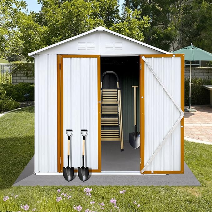 Favfurish 4x6 FT Outdoor Metal Storage Sheds with Apex Roof,Single-Storey Waterproof Roofed Structure Garden Shed w/Lockable Doors,for Lawn Equipment Tool Sundries,White+Yellow