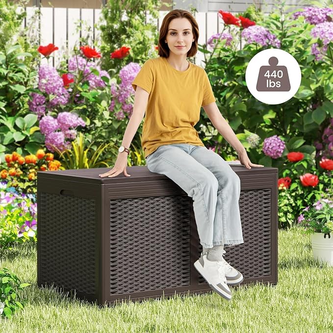 HAPPYGRILL 100 Gallon Resin Deck Box Outdoor Waterproof Storage with Lockable Lid, Rattan Texture Storage Container with Wheels for Pool Accessories, Garden Tool, Patio Furniture Cushion (Brown)
