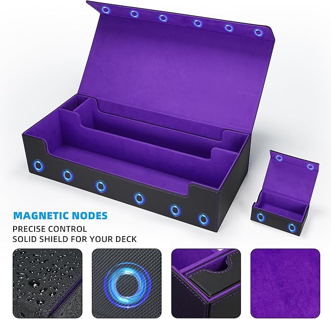 AFIING Mtg Deck Box Holds 5 Display Card Deck Boxes with Mtg Playmat & Dice Box,10 Dividers,1Card supporter, Trading Card Storage Box for Magic Yugioh Sports Cards (Black &Purple)