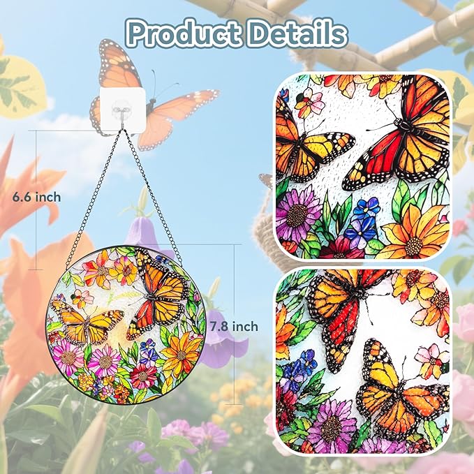 Suncatcher Stained Glass Window Hanging - Butterfly Glass Panel with Metal Chain and Hooks Handmade Sun Catcher Decoration for Window Garden Home Christmas & Birthday Gifts (8 Inch)