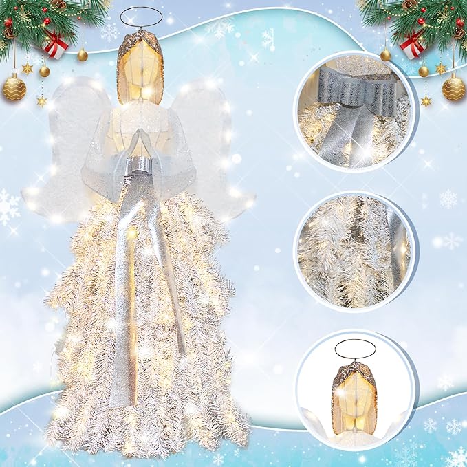 54" Angel with Wings Christmas Decoration for Indoor Outdoor,Lighted up White Angel Halo Christmas Decor Holiday Display with Lights
