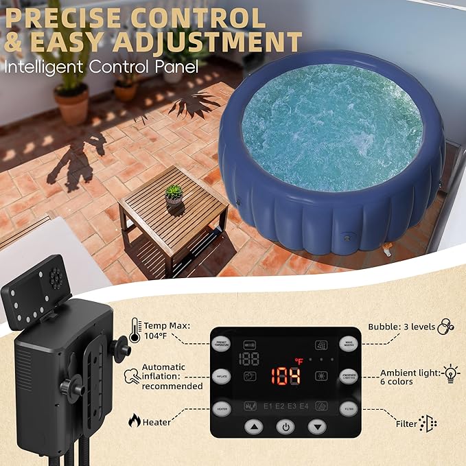 2-4 Person Inflatable Hot Tub - 73"x28" Round Portable Outdoor Spa with 146 Bubbling Jets & Smart Control,2 Contoured Headrest,Cup Holder and Cover, Blue