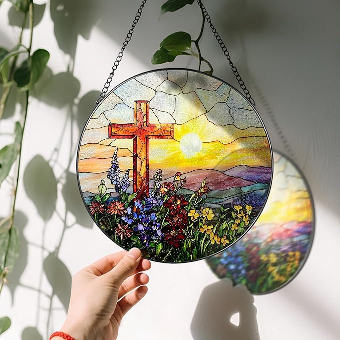 8 Inch Cross Sunset Suncatchers for Windows Hanging, Indoor Decor 8 Inch, Stained Glass Gift, Christian Gifts, Religious Gifts, Christian Cross, Christmas Jesus Gift, Window Decor