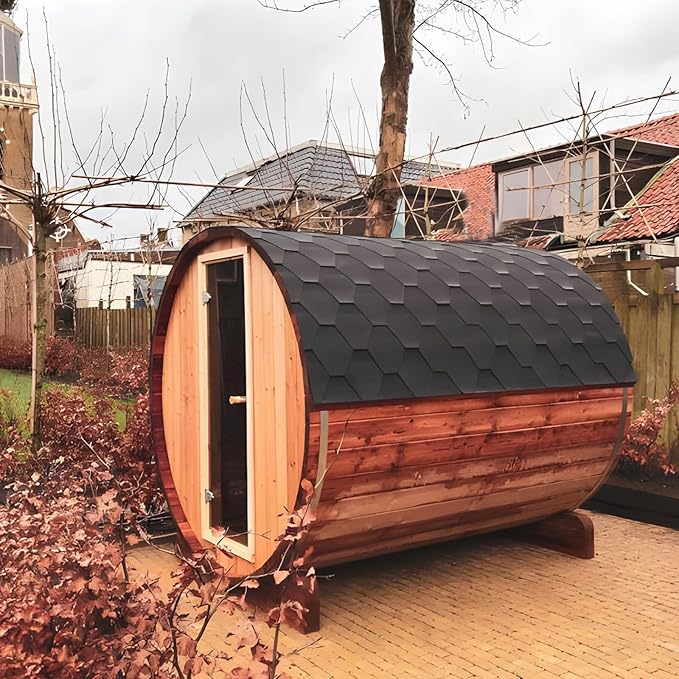 ZONEMEL Indoor and Outdoor Barrel Sauna Room with Asphalt Shingle Roof, Canadian Red Cedar Wood Steam Sauna with 6KW Certified TOULE Heater, Tempered Glass (Cedar, 6 Person)