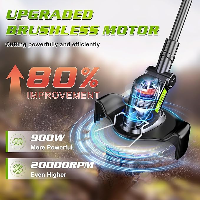 Weed Wacker Cordless, Gisam Brushless String Trimmer with 2 X 2.0Ah Battery, 8" Electric Grass Cutter, 3 in 1 Weed Eater with 3 Types Blade & Wheels for Garden/Lawns